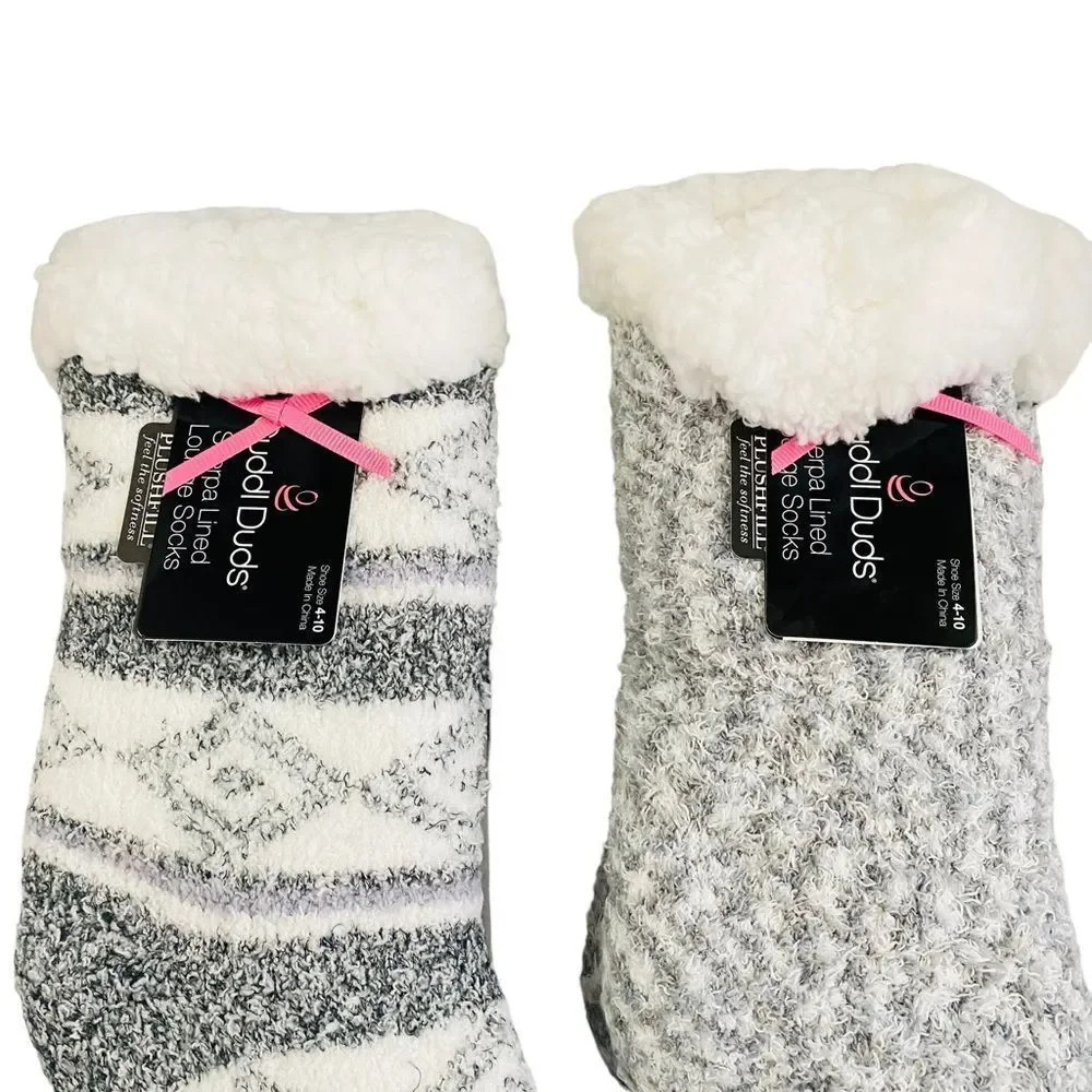 Cuddl Duds Sherpa Lined Gray Cabin Socks Set Of 2‎ Sz 4-10